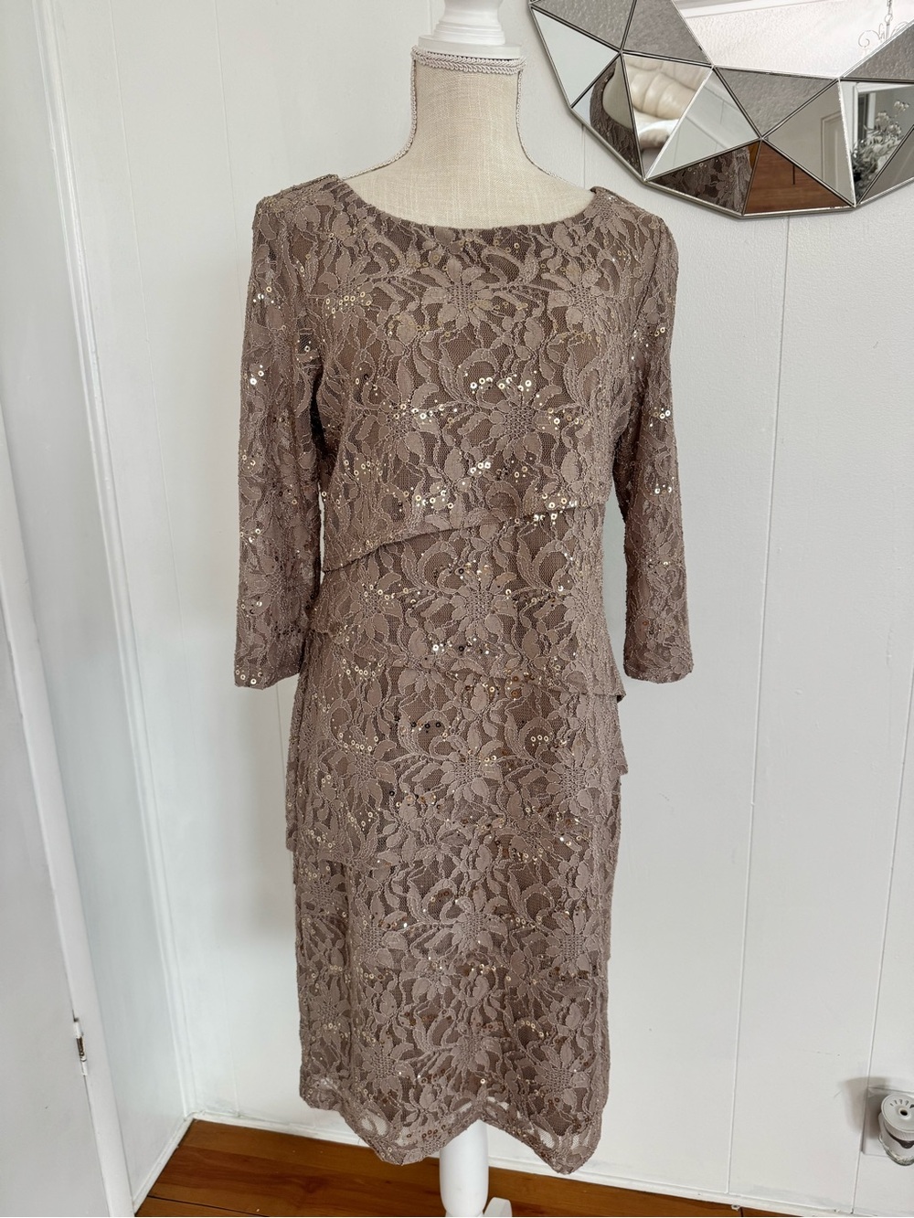 Ronni Nicole Taupe Lace Tiered Sequin Sheath Dress